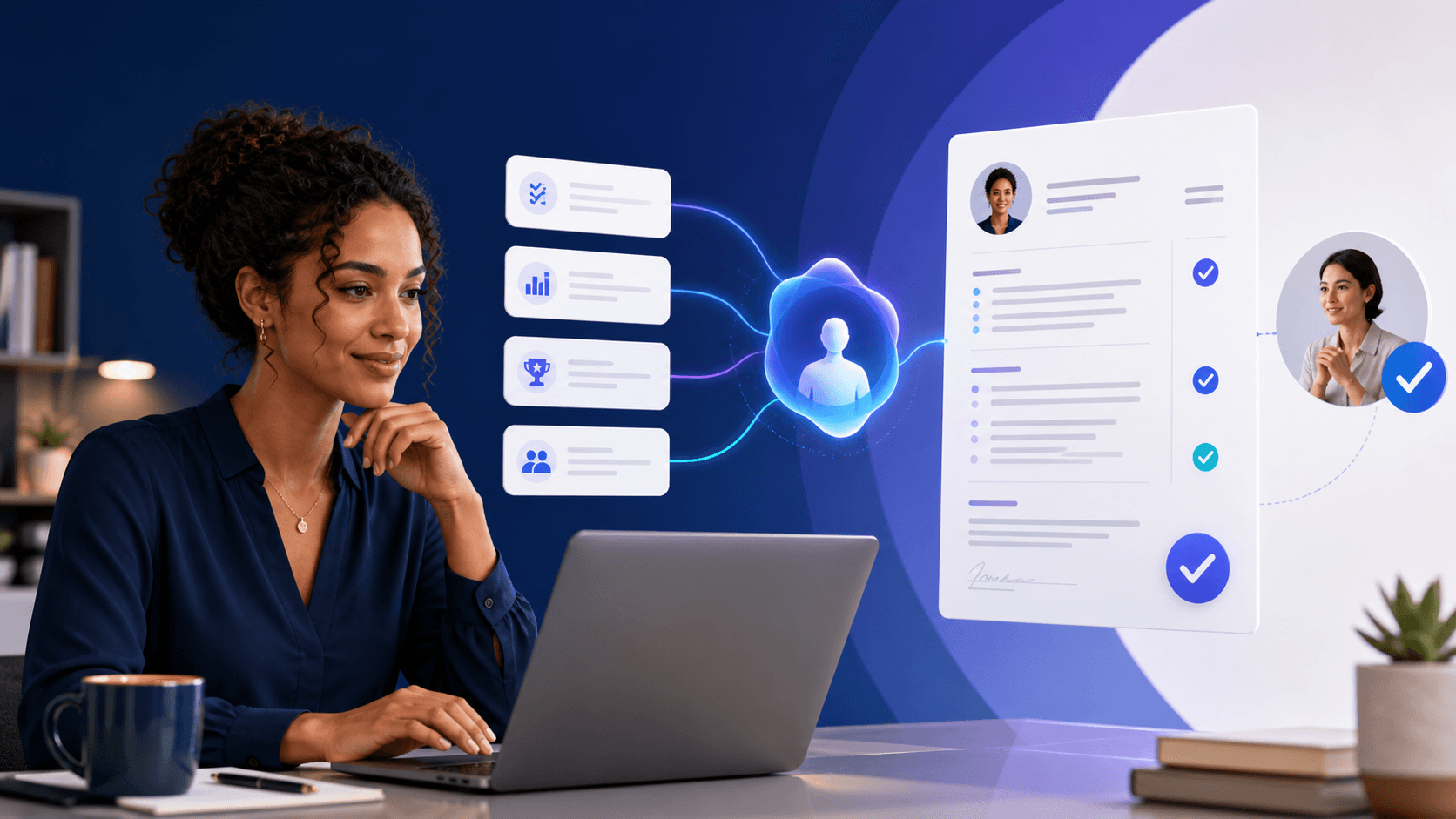 Professional reviewing career evidence as an AI assistant helps organize it into a resume with human approval