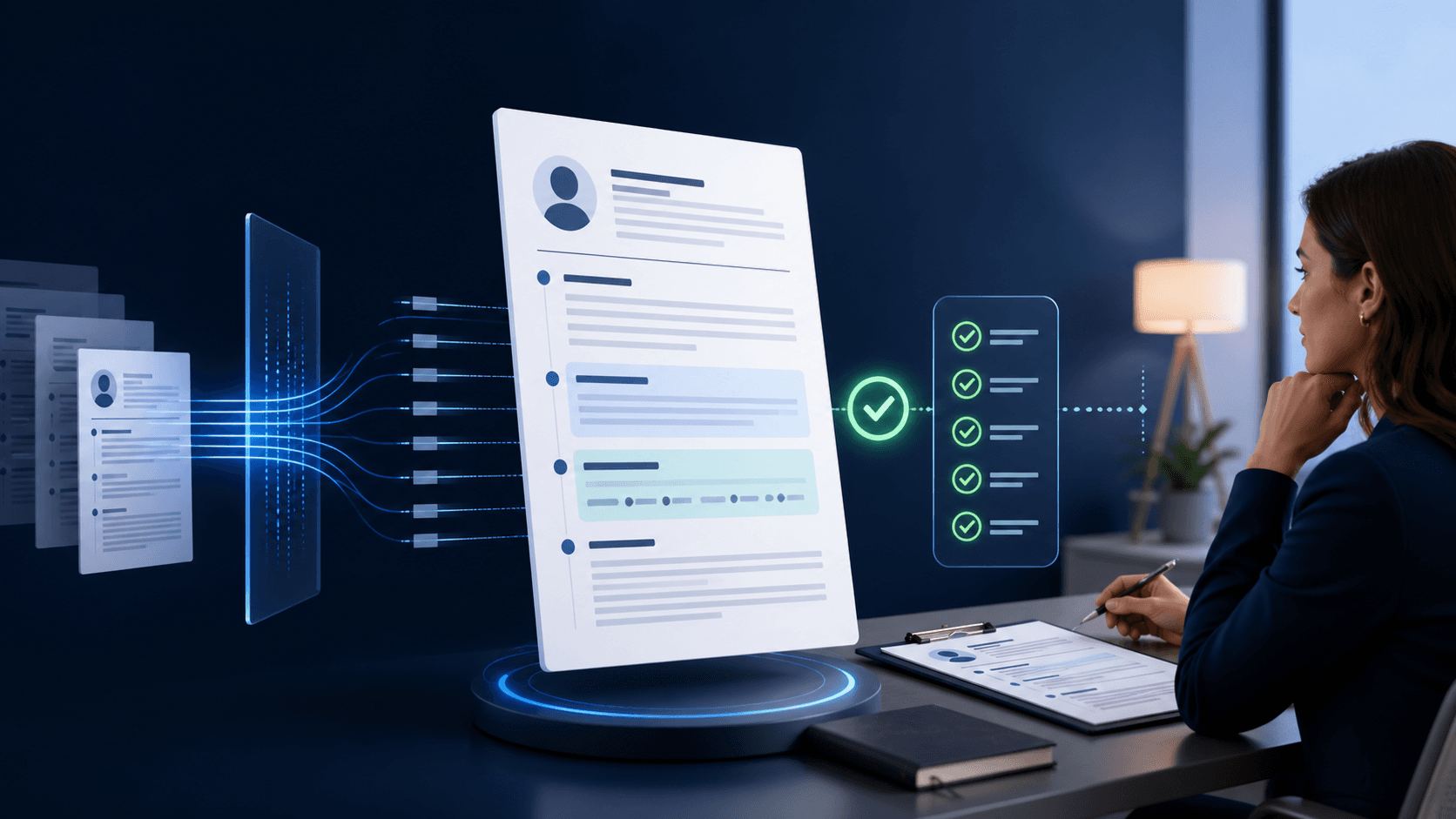 A clean single-column resume passing through an applicant tracking workflow before human recruiter review