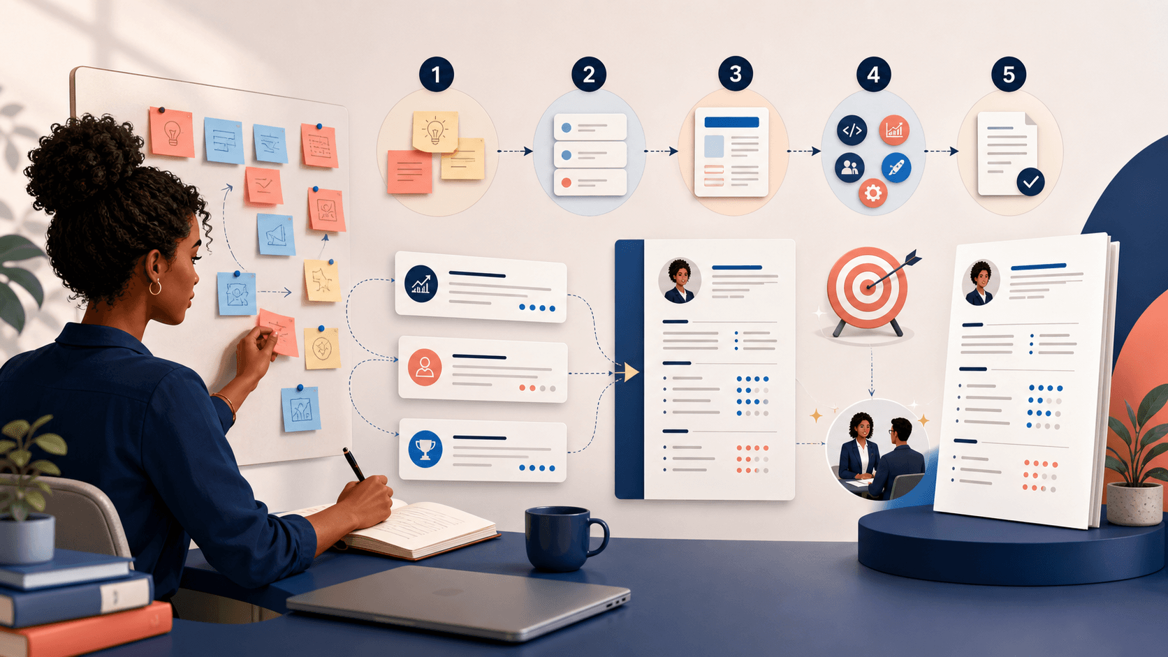 Professional following a five-step plan to build a resume from career notes, evidence cards, skills, and achievements