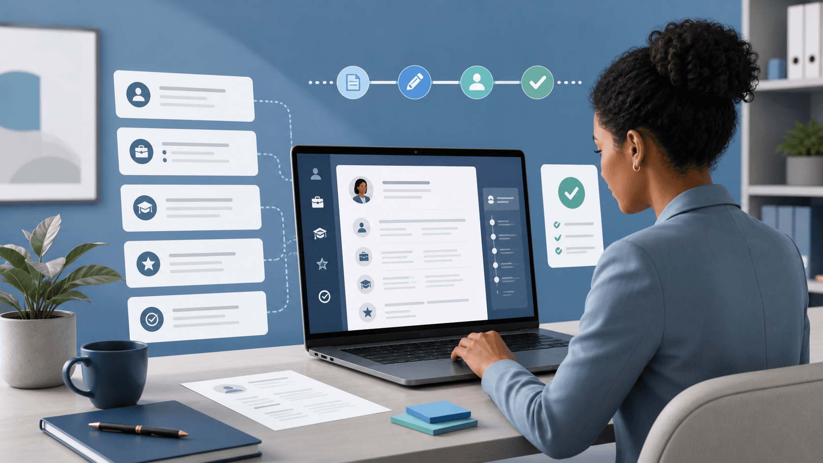Professional using a resume builder to organize contact details, experience, education, skills, and review steps on a laptop