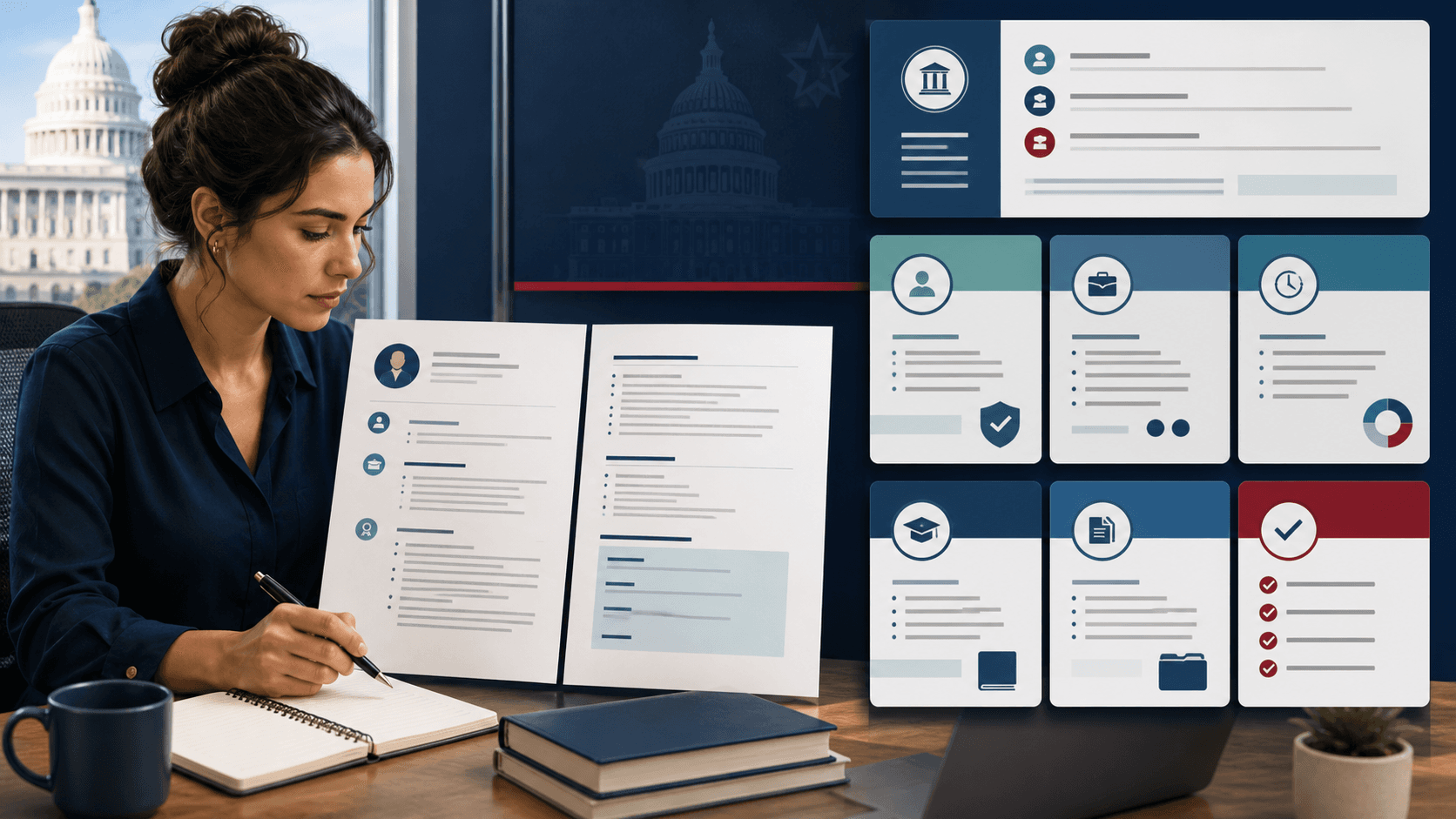 Job seeker organizing a two-page federal resume around qualifications, hours, education, documents, and review steps